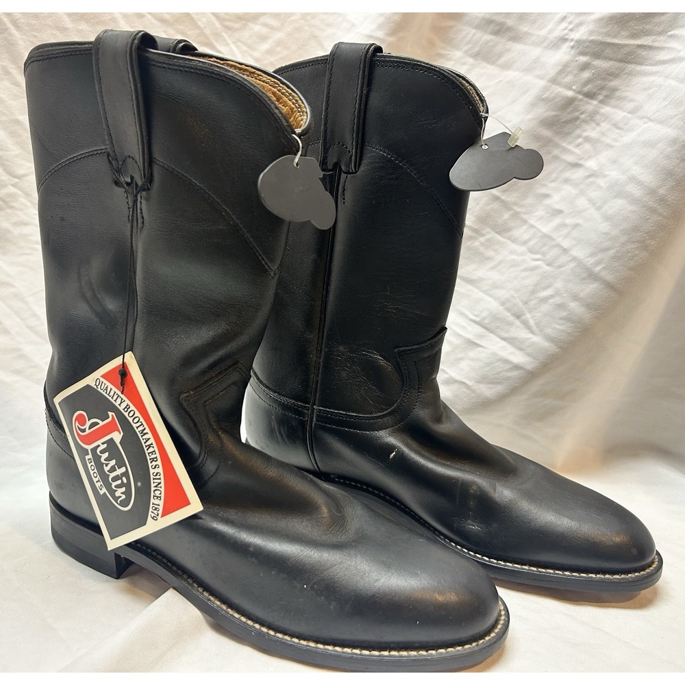 Justin Black Leather Western Cowboy Boots Mens 6 C NWT Boho Hippie Festival